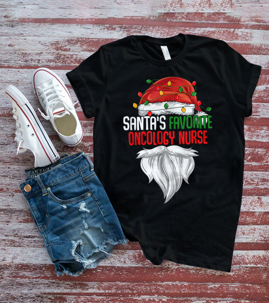 Santa's Favorite Oncology Nurse Christmas Lights And Beard T-Shirt