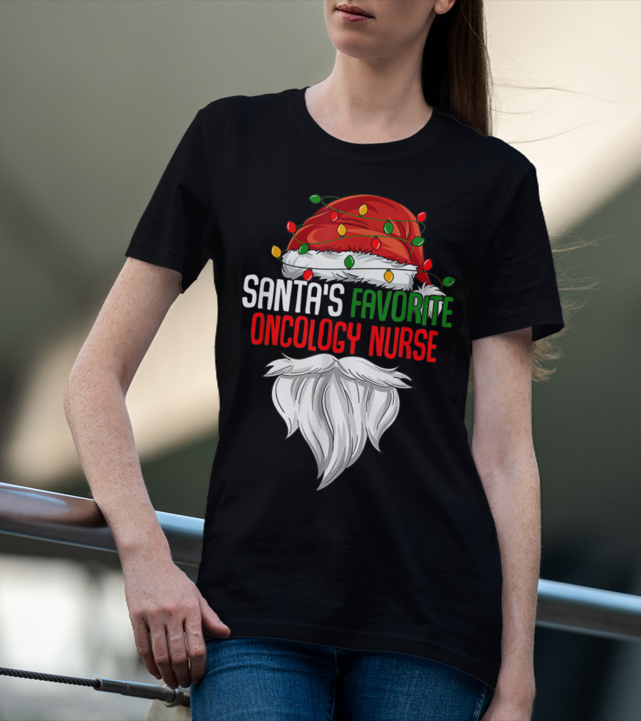Santa's Favorite Oncology Nurse Christmas Lights And Beard T-Shirt