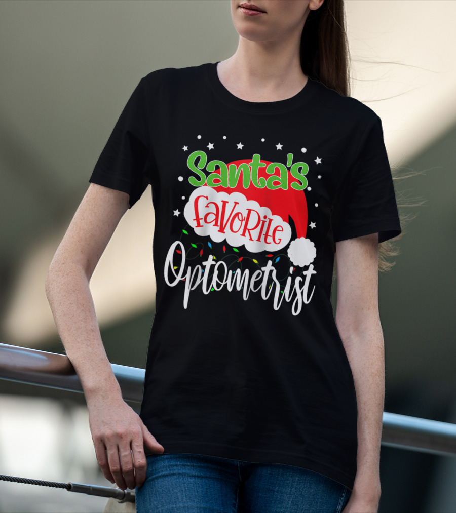 Santa's Favorite Optometrist Christmas Santa Hat And Lights T-Shirt