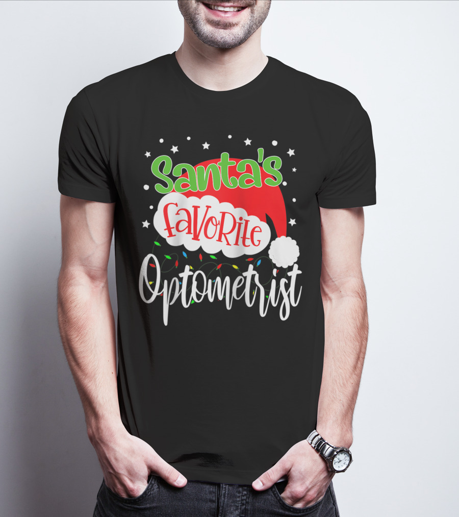 Santa's Favorite Optometrist Christmas Santa Hat And Lights T-Shirt