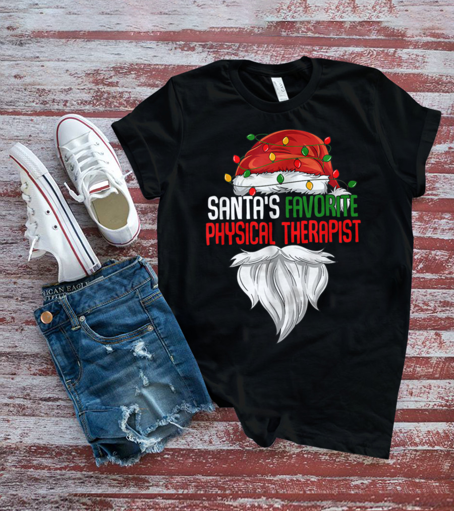Santa's Favorite Physical Therapist Christmas Lights Hat And Beard T-Shirt