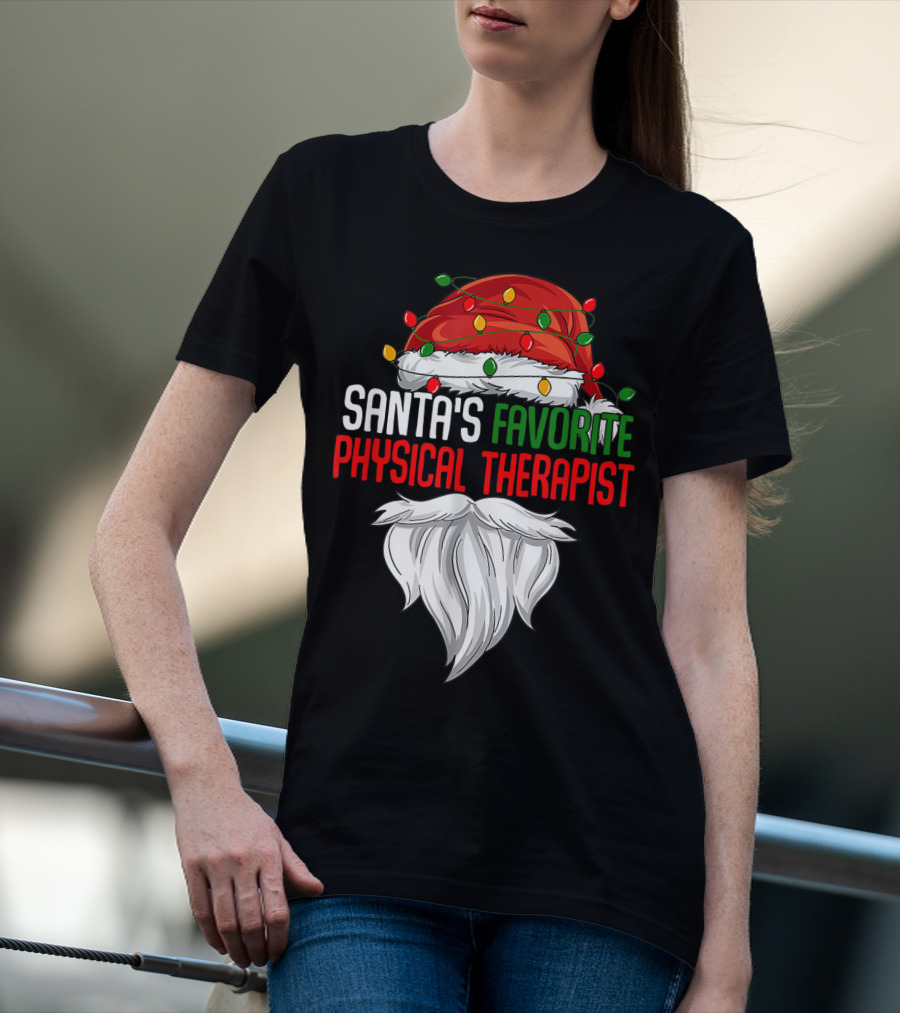 Santa's Favorite Physical Therapist Christmas Lights Hat And Beard T-Shirt