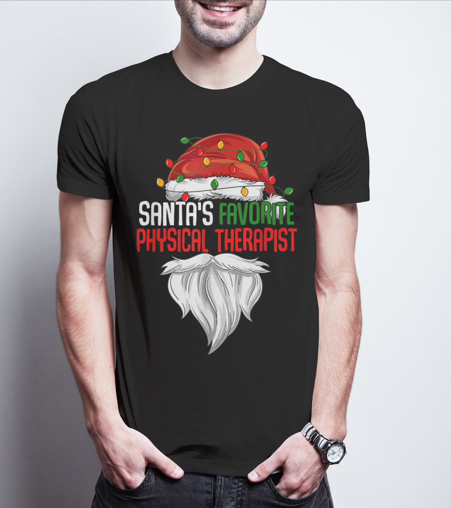 Santa's Favorite Physical Therapist Christmas Lights Hat And Beard T-Shirt