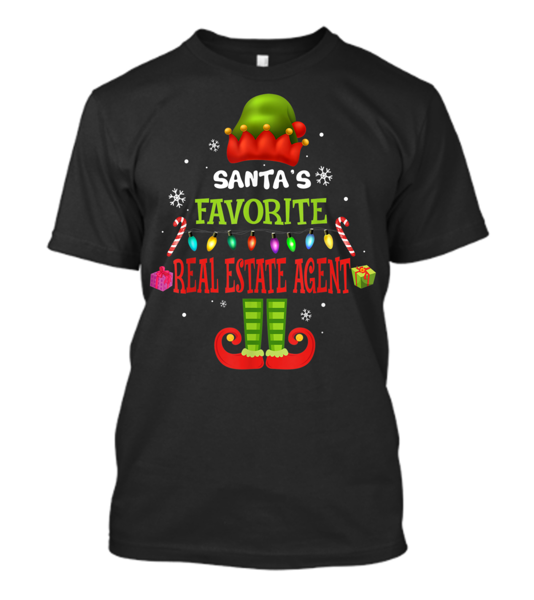 Santa's Favorite Real Estate Agent Christmas Elf Lights Candy Canes Gifts Snowflakes T-Shirt