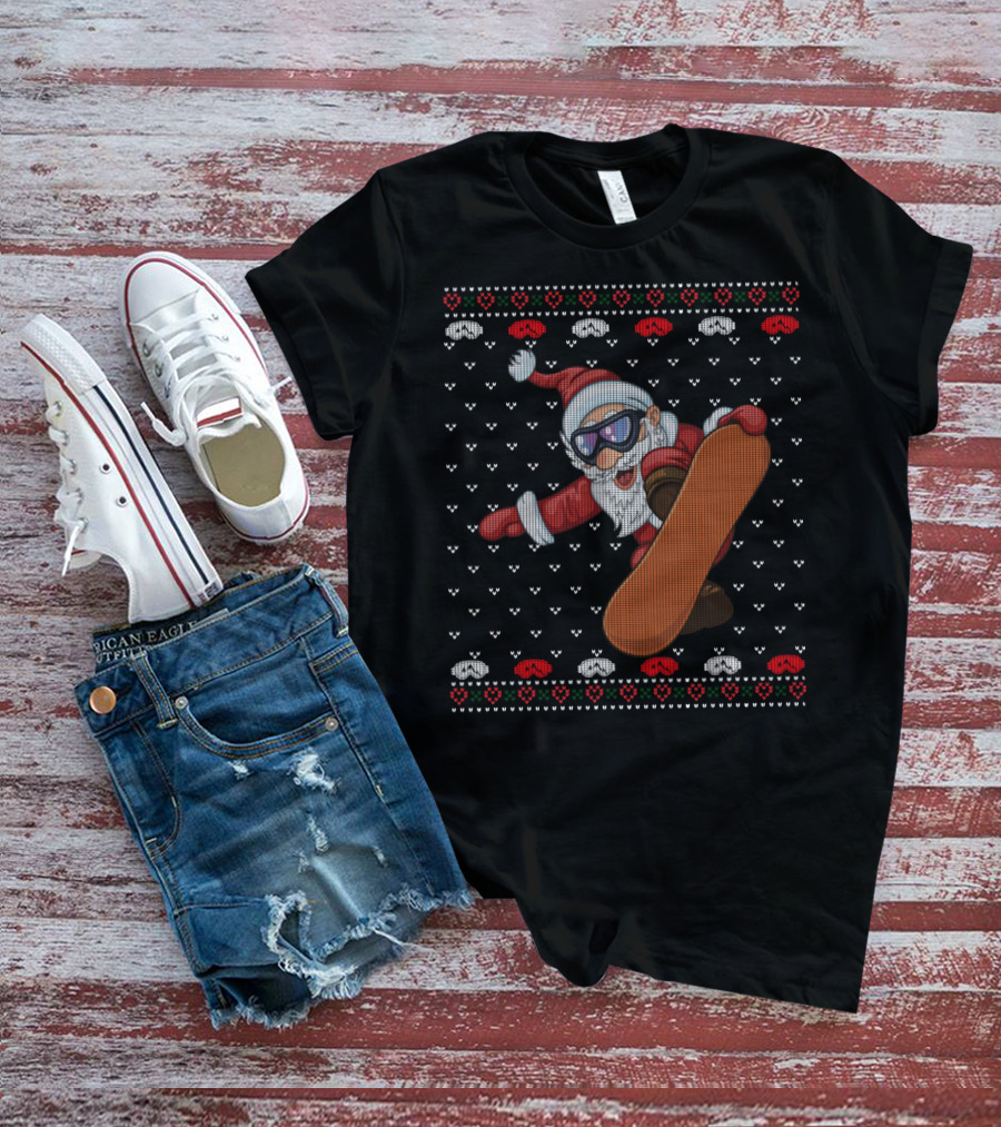 Snowboarding Santa With Goggles In Ugly Christmas T-Shirt