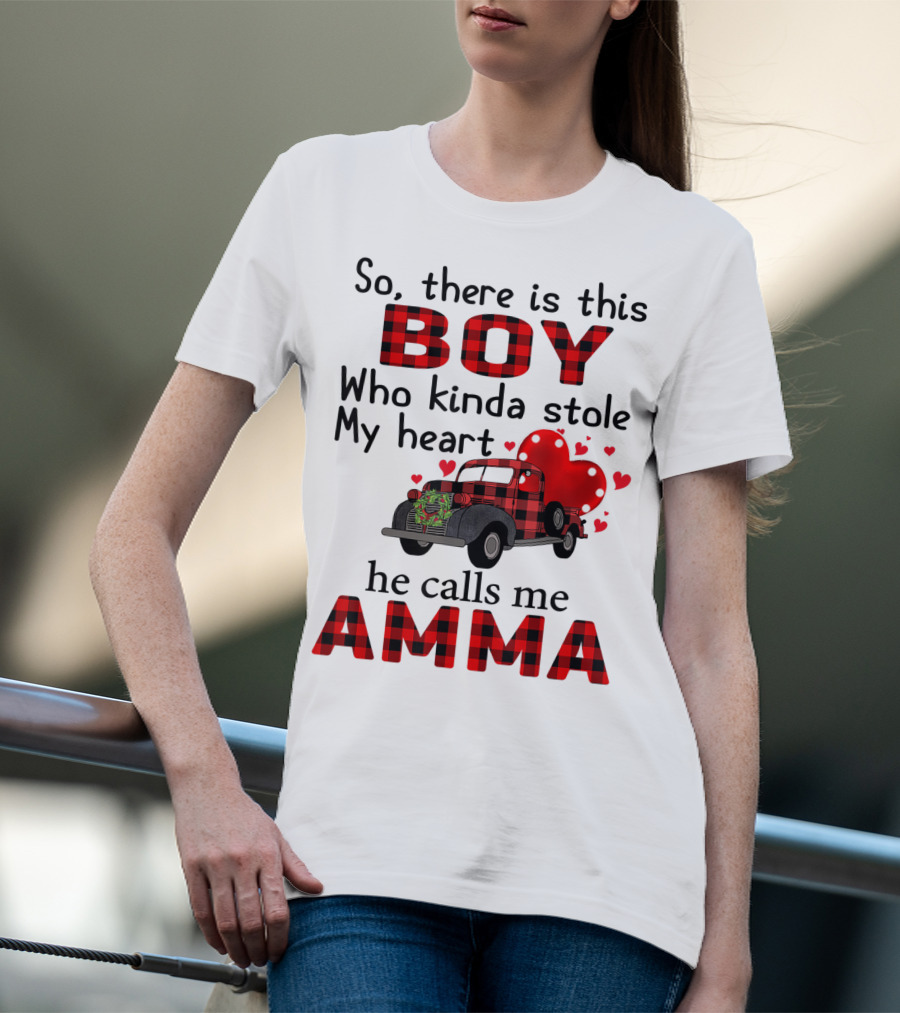 So There Is This Boy Who Kinda Stole My Heart He Calls Me Amma Red Plaid Truck Hearts T-Shirt