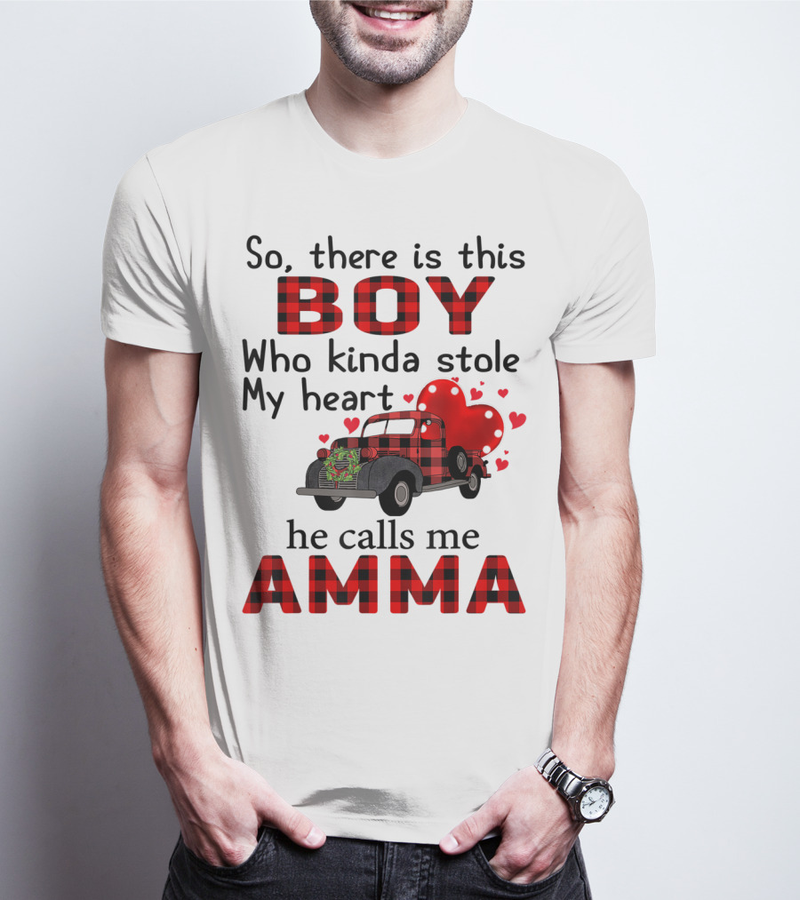 So There Is This Boy Who Kinda Stole My Heart He Calls Me Amma Red Plaid Truck Hearts T-Shirt