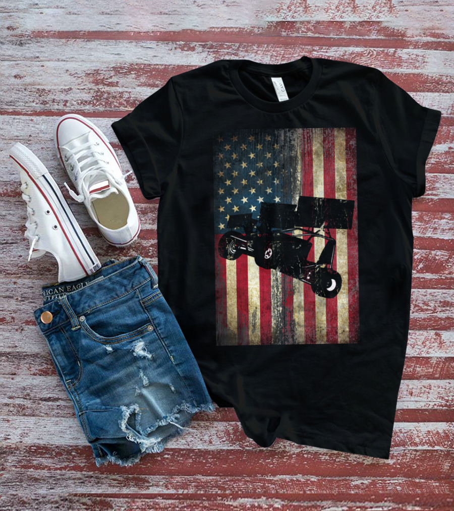 Sprint Car Dirt Track Racing American Flag Background T-Shirt