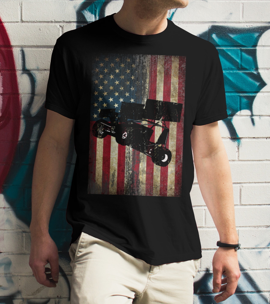 Sprint Car Dirt Track Racing American Flag Background T-Shirt
