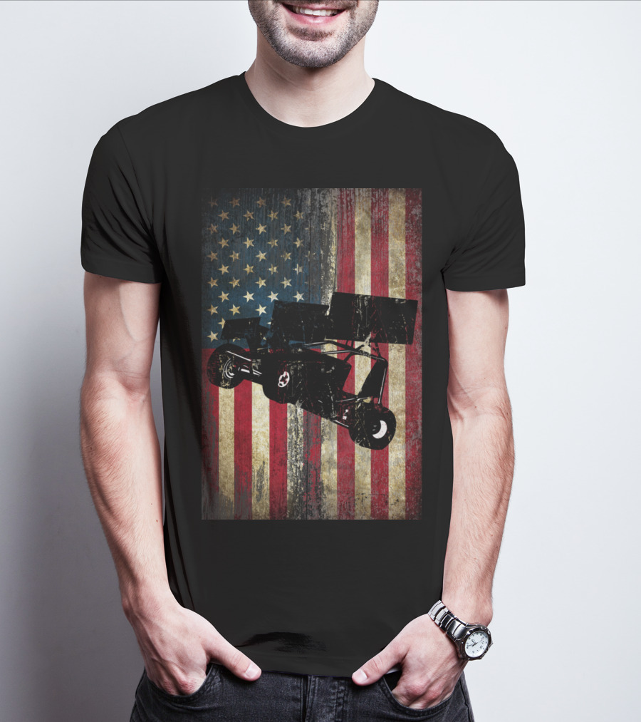 Sprint Car Dirt Track Racing American Flag Background T-Shirt