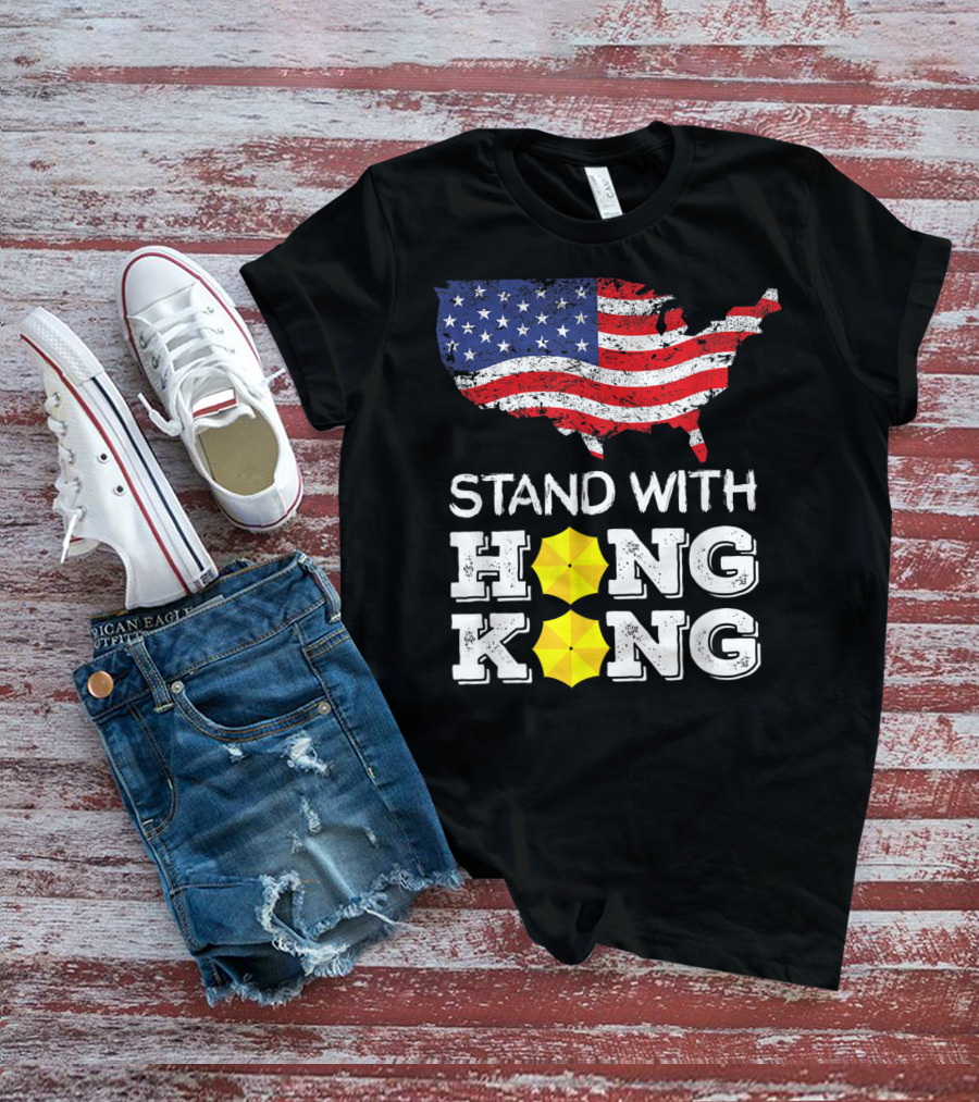 Stand With Hong Kong Strong American Flag Yellow Umbrella T-Shirt