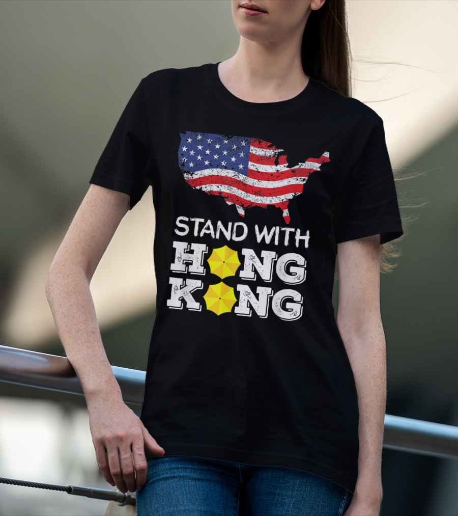 Stand With Hong Kong Strong American Flag Yellow Umbrella T-Shirt