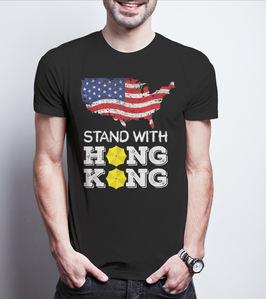 Stand With Hong Kong Strong American Flag Yellow Umbrella T-Shirt