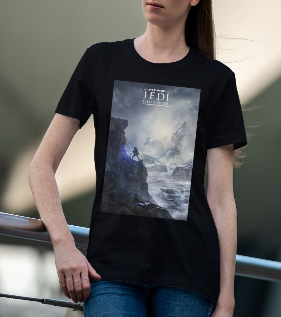 Star Wars Jedi Fallen Order Scenic Battle With Stormtrooper And Ruins T-Shirt