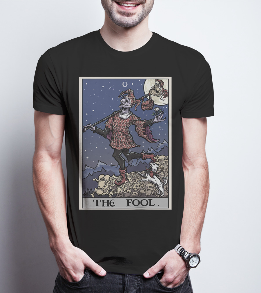 The Fool Tarot Card Gothic Halloween Jester On Skull Pile T-Shirt