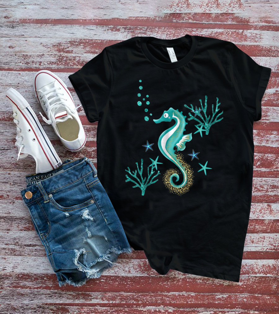 Turquoise Seahorse Ocean Coral And Starfish T-Shirt