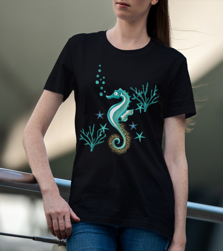 Turquoise Seahorse Ocean Coral And Starfish T-Shirt