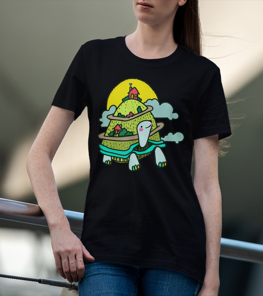 Turtle Life On A Mountain Path With Houses And Sun T-Shirt