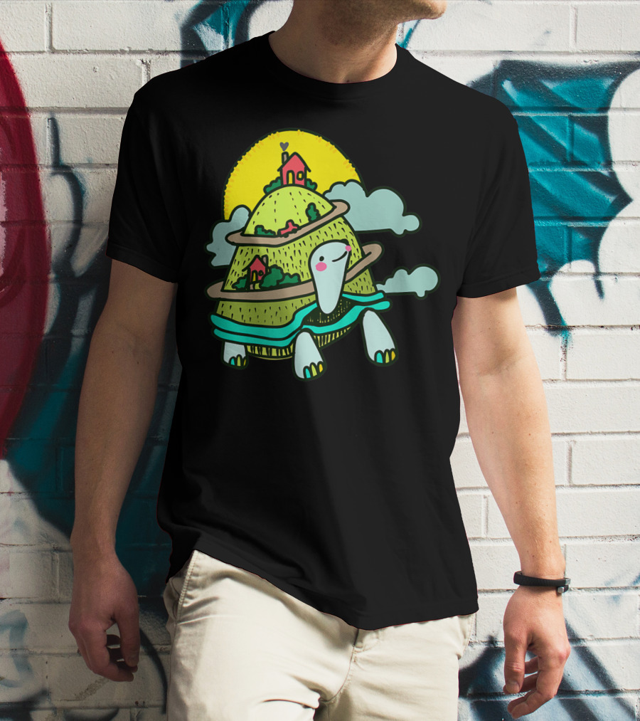 Turtle Life On A Mountain Path With Houses And Sun T-Shirt