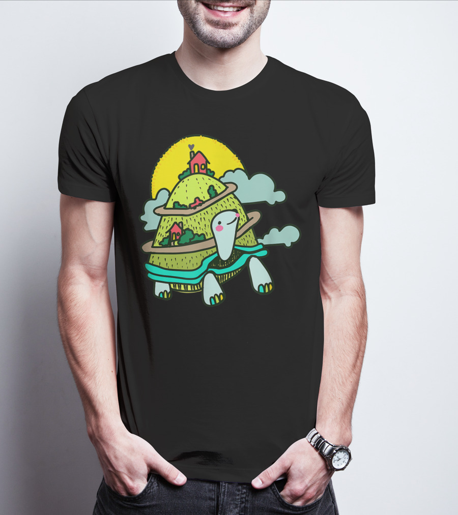 Turtle Life On A Mountain Path With Houses And Sun T-Shirt