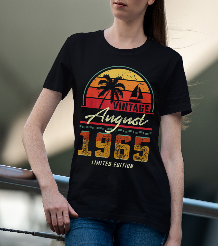 Vintage August 1965 Palm Tree And Sailboat Retro Sunset T-Shirt