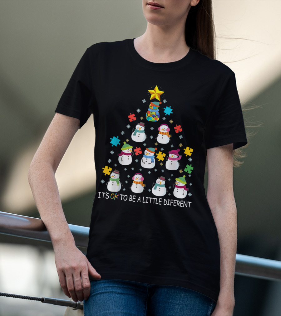 IT'S OK TO BE A LITTLE DIFERENT Snowman Autism Puzzle Tree T-Shirt