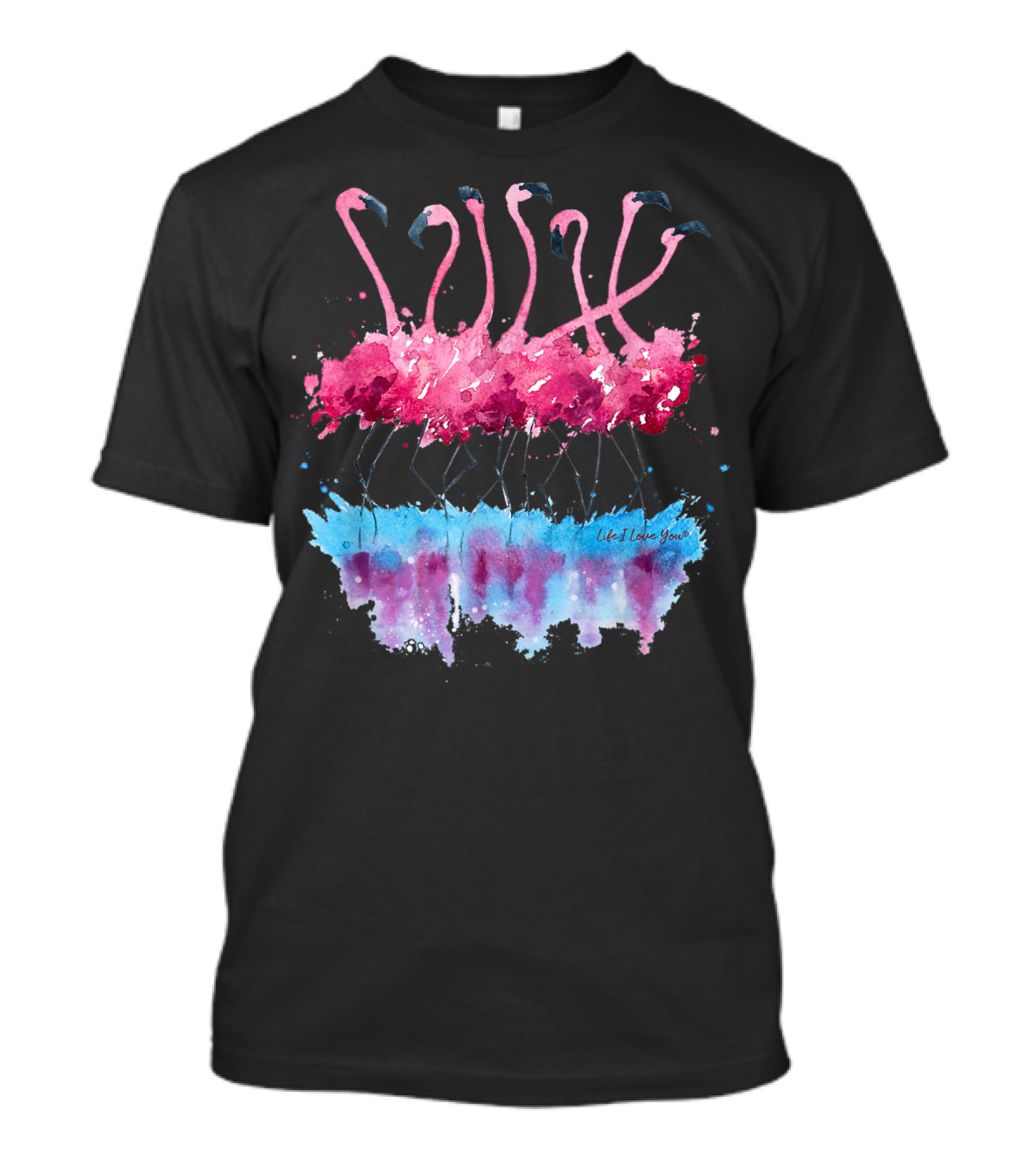 Dancing Pink Flamingos With Colorful Life I Love You Watercolor Reflection T-Shirt