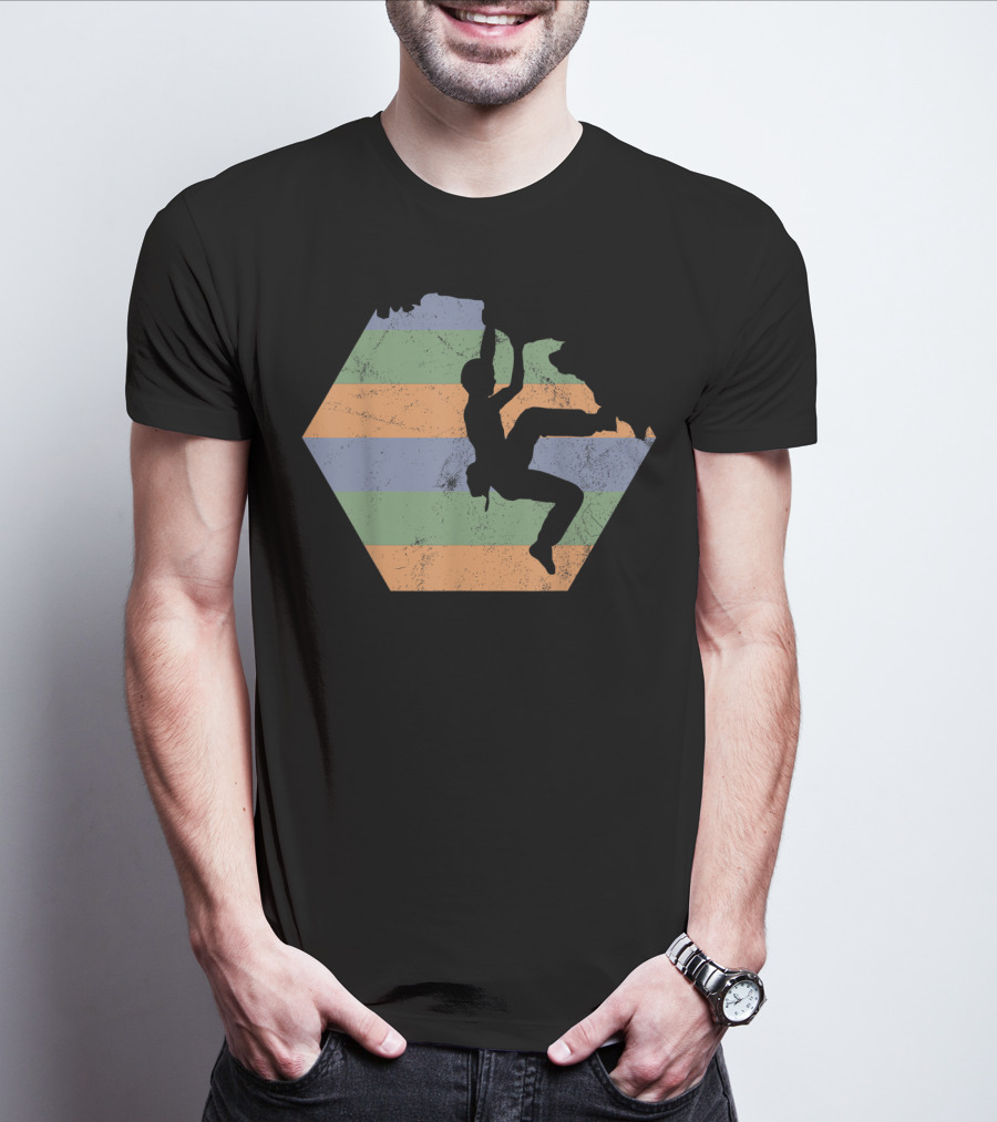 Bouldering Rock Climbing Climber Silhouette With Stripes T-Shirt
