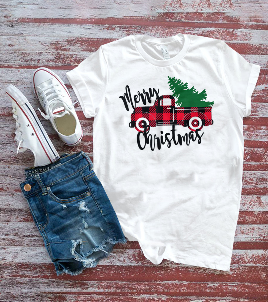 Merry Christmas Buffalo Plaid Red Truck T-Shirt