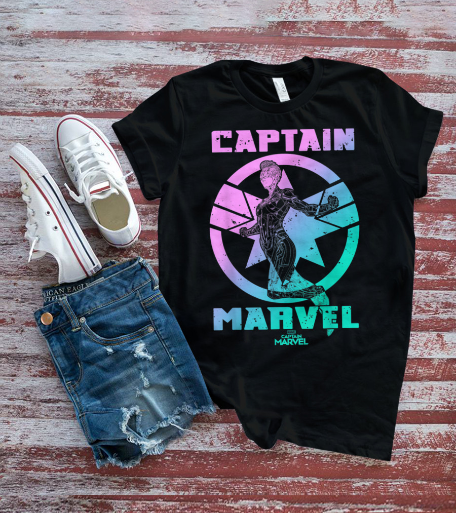 Captain Marvel Star Emblem Spectrum Heroine Pose T-Shirt