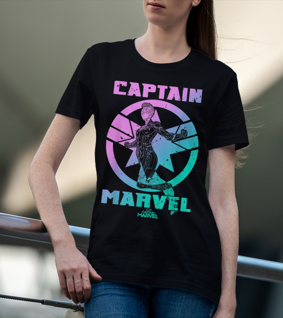 Captain Marvel Star Emblem Spectrum Heroine Pose T-Shirt