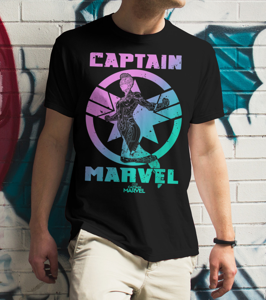 Captain Marvel Star Emblem Spectrum Heroine Pose T-Shirt