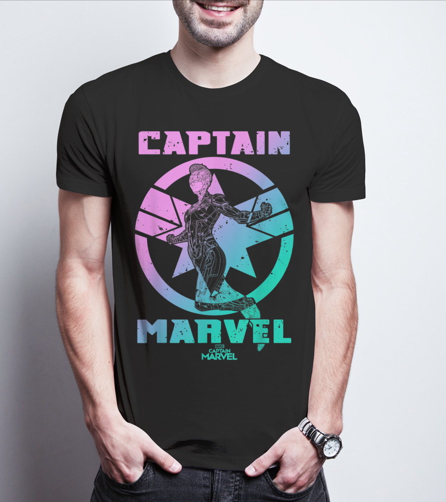 Captain Marvel Star Emblem Spectrum Heroine Pose T-Shirt