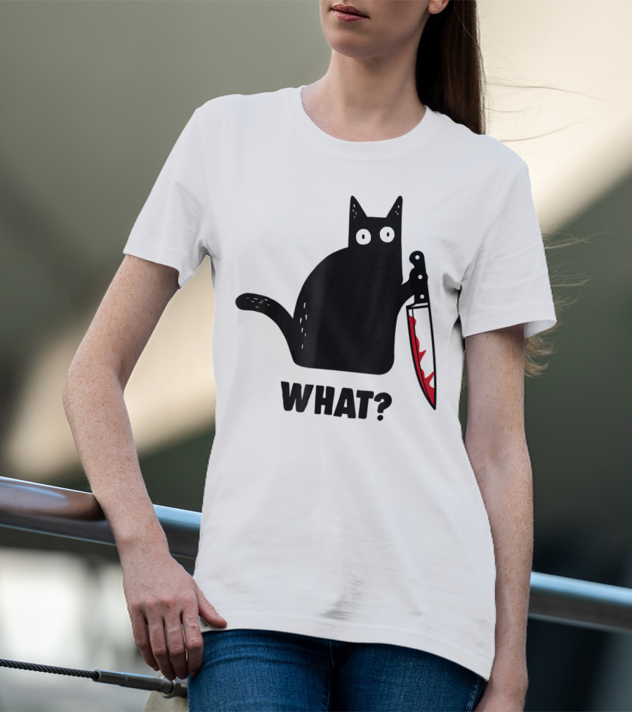 Funny Black Cat With Knife And What? T-Shirt