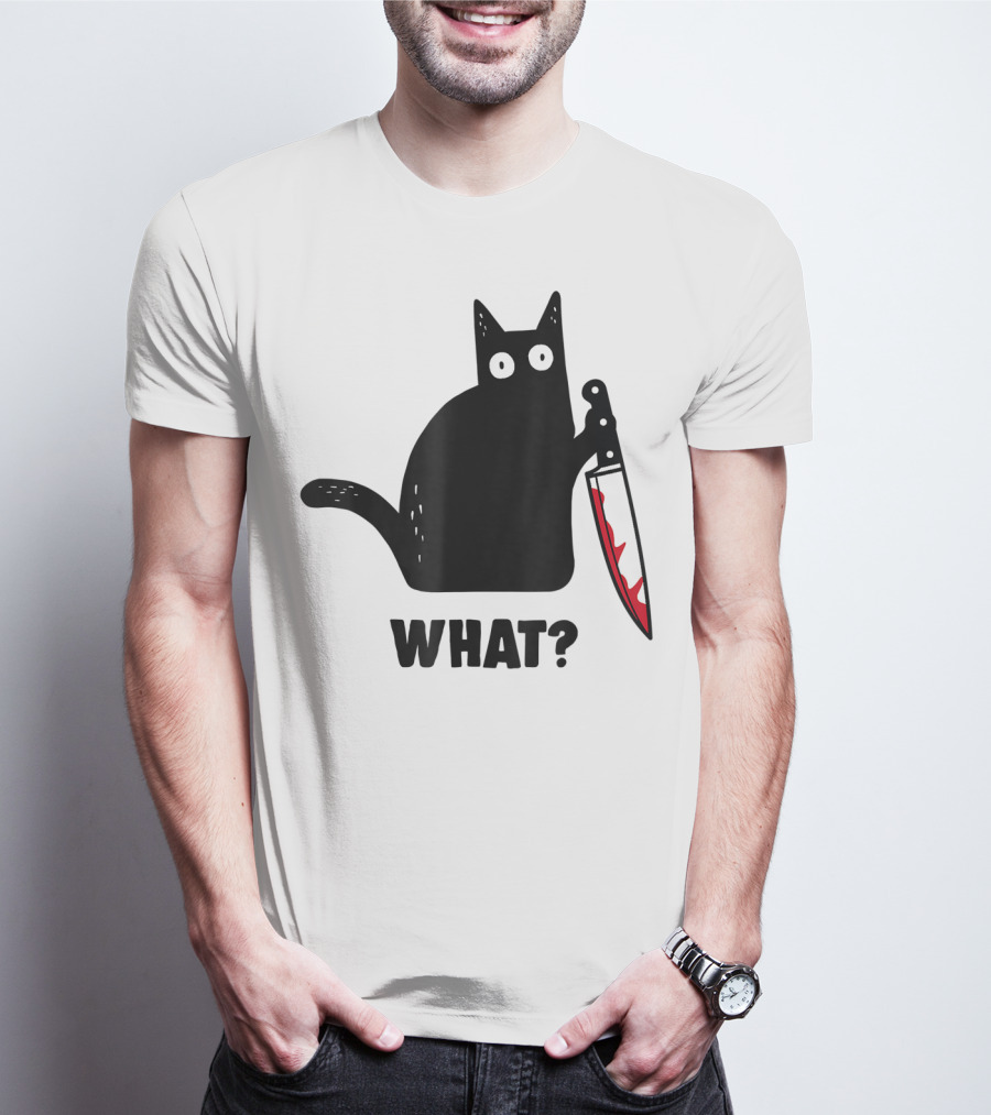 Funny Black Cat With Knife And What? T-Shirt