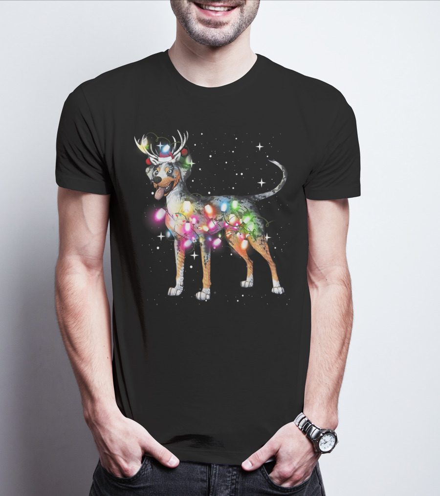 Catahoula Leopard Dog Wrapped In Christmas Lights With Reindeer Antlers And Santa Hat T-Shirt