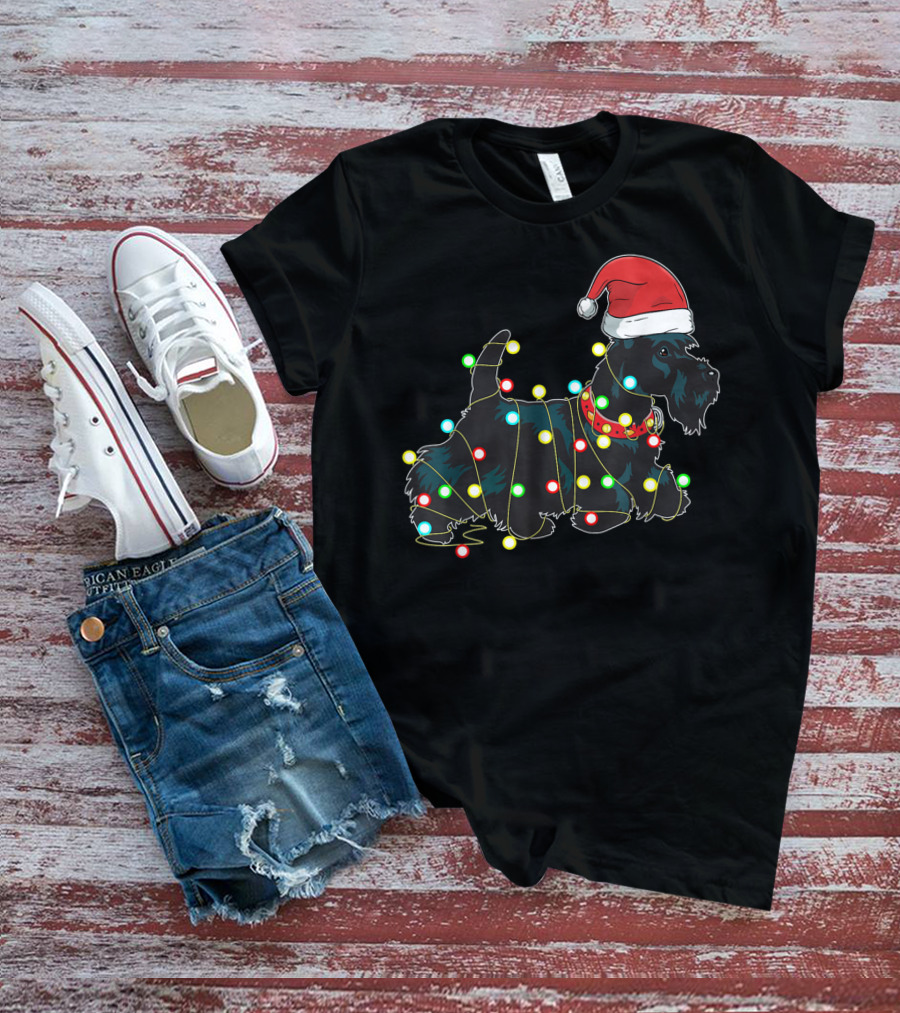 Scottish Terrier Wrapped In Christmas Lights And Santa Hat T-Shirt