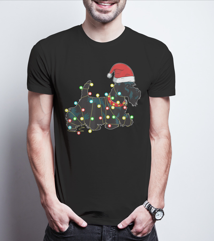 Scottish Terrier Wrapped In Christmas Lights And Santa Hat T-Shirt