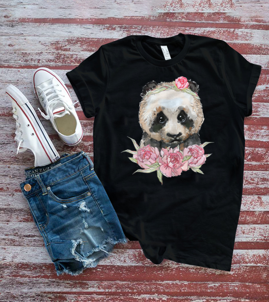 Baby Panda Bear With Pink Flower Crown And Blossoms T-Shirt