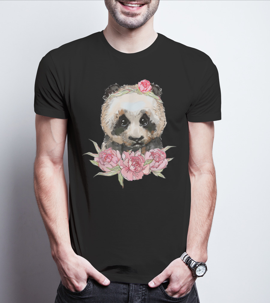 Baby Panda Bear With Pink Flower Crown And Blossoms T-Shirt