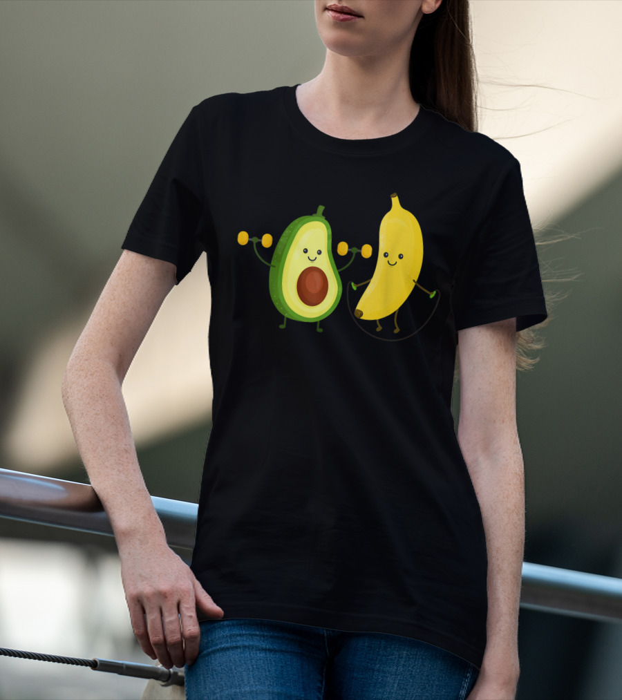 Cute Happy Smiling Banana And Avocado Exercising Together T-Shirt