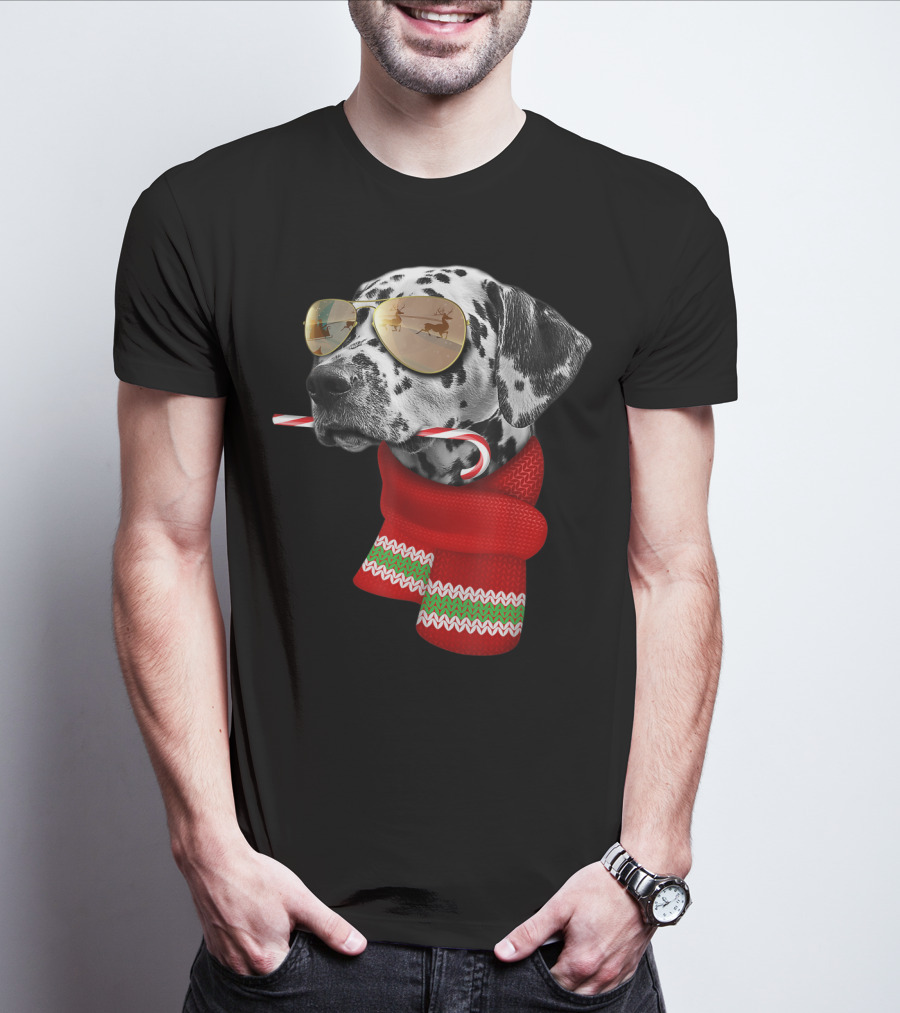 Dalmatian Christmas Dog With Candy Cane And Santa Sunglasses T-Shirt