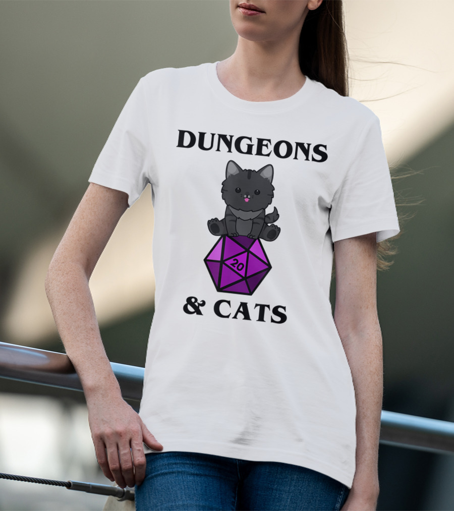 Dungeons And Cats Nerdy RPG Cat Sitting On D20 Dice T-Shirt