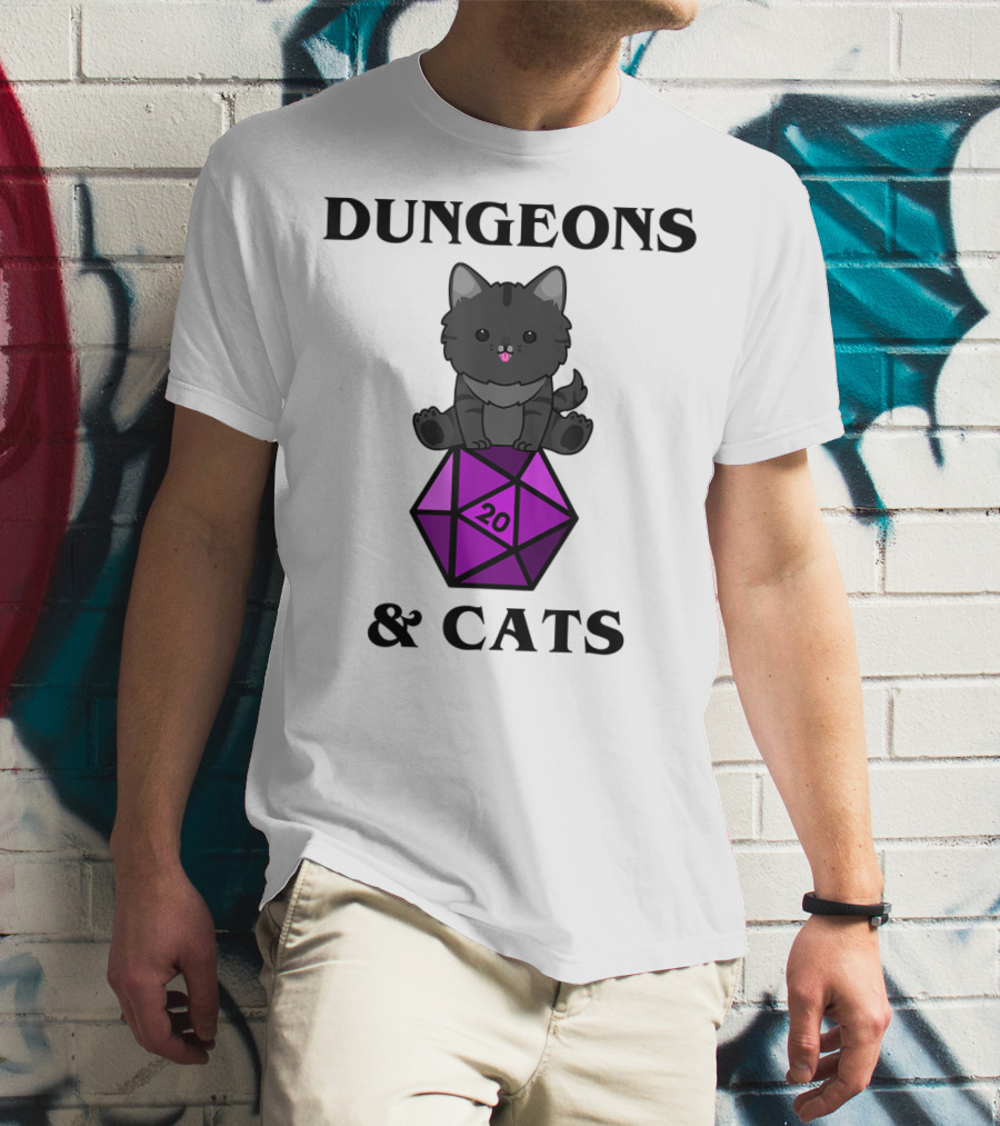 Dungeons And Cats Nerdy RPG Cat Sitting On D20 Dice T-Shirt