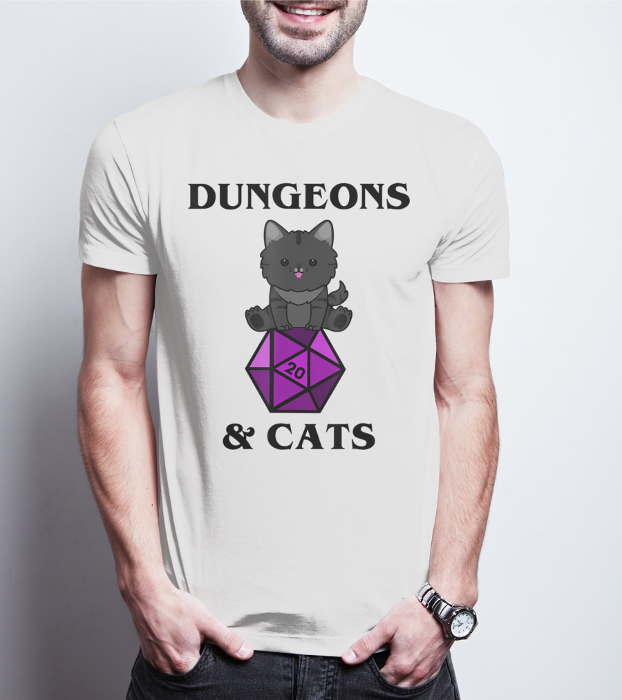 Dungeons And Cats Nerdy RPG Cat Sitting On D20 Dice T-Shirt