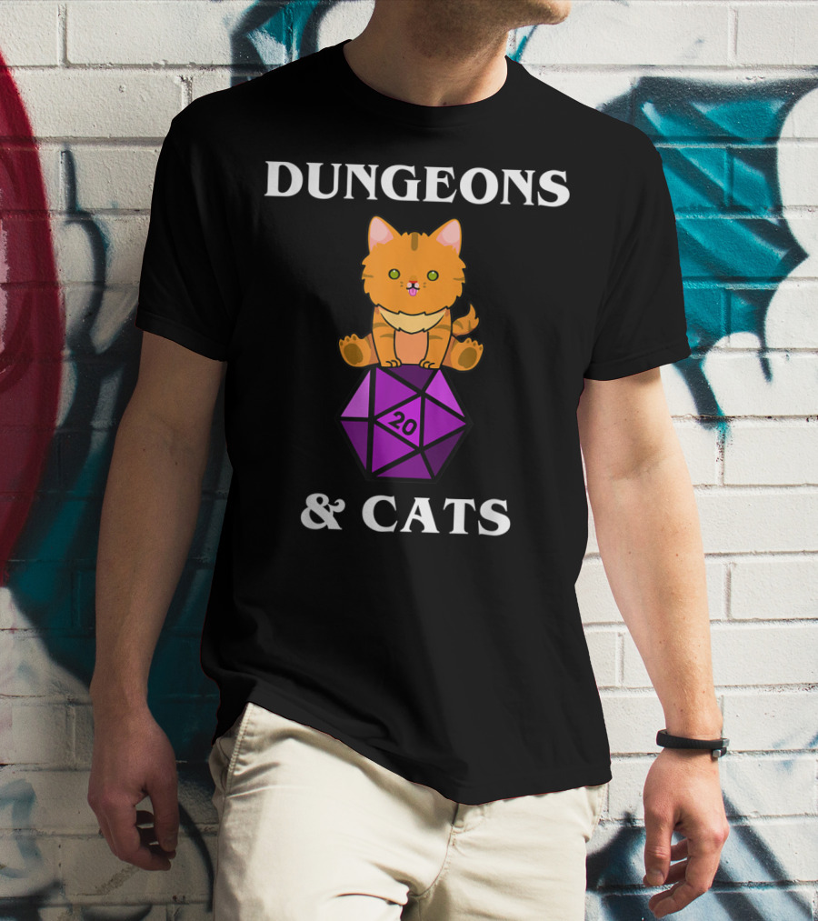 Dungeons And Cats Orange Cat On Purple D20 Dice T-Shirt