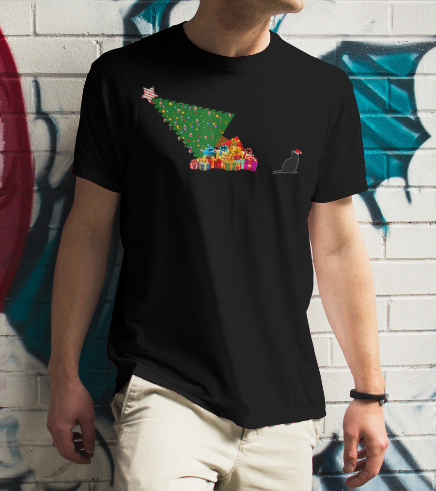 Funny Cat Topples Christmas Tree With Santa Hat T-Shirt