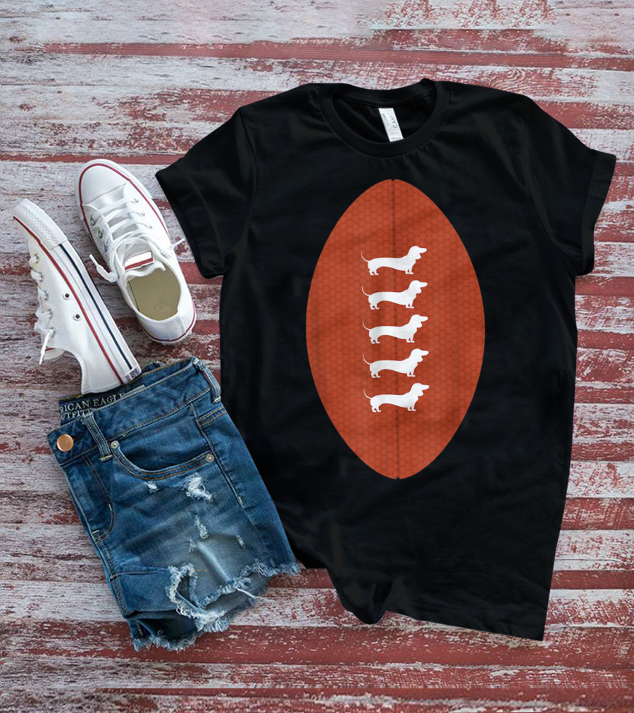 Funny Dachshund Wiener Dog Football Oval Five White Silhouettes On Textured Brown Background T-Shirt