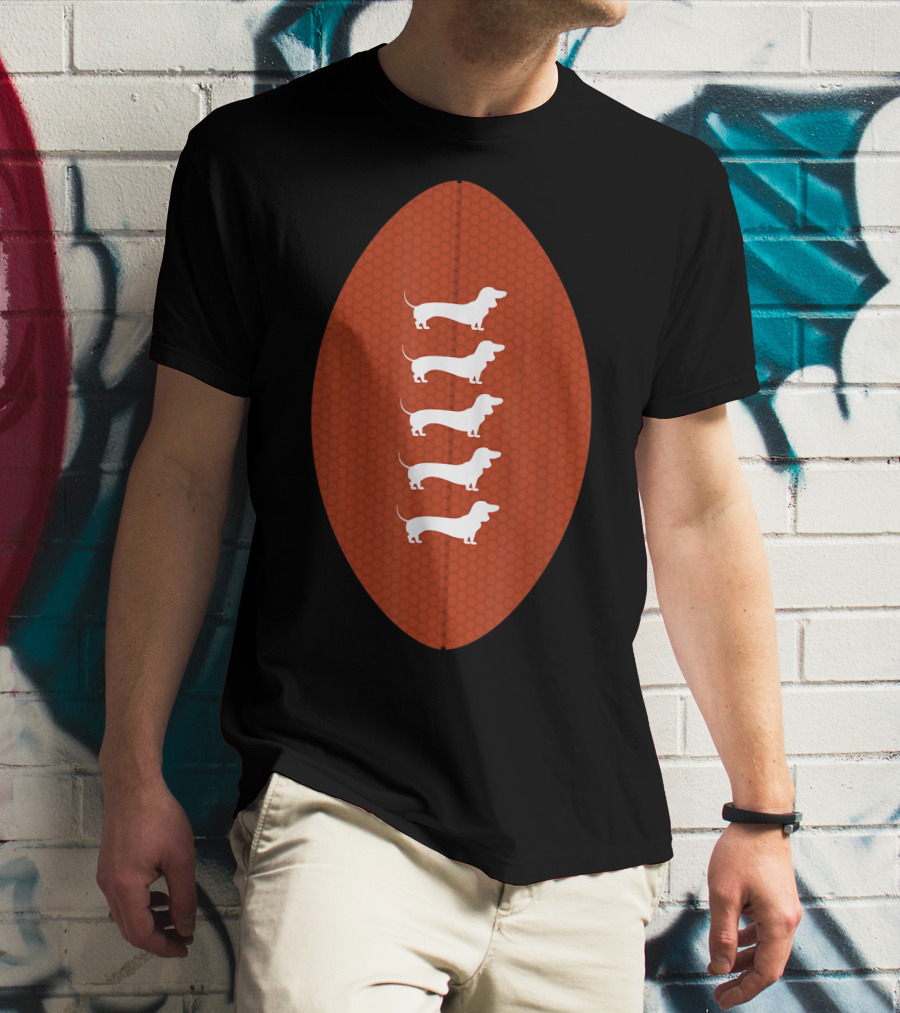 Funny Dachshund Wiener Dog Football Oval Five White Silhouettes On Textured Brown Background T-Shirt