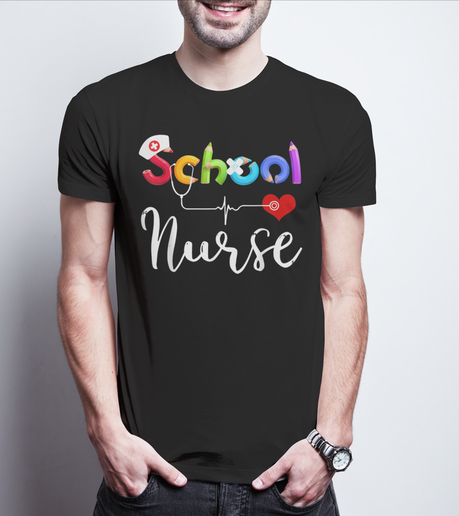 School Nurse Colorful Pencil Heartbeat T-Shirt